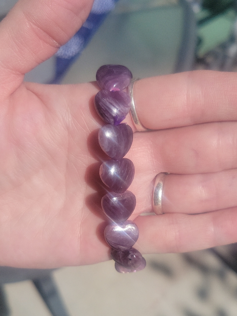 Gem  purple lepidolite and mica heart high quality beaded bracelet with flash.